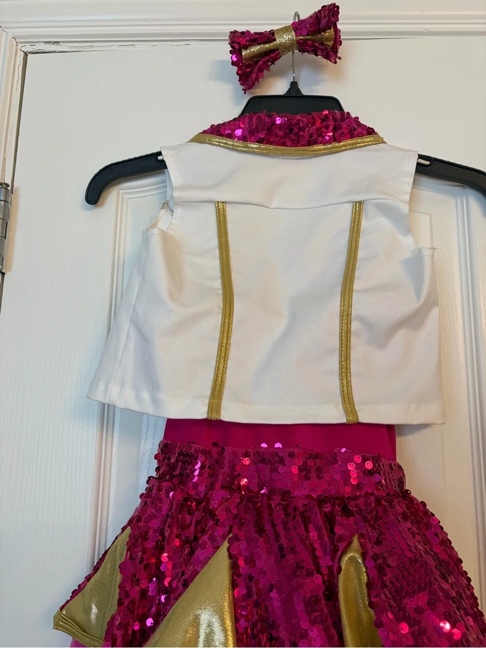 Weissman Hot Pink Sequin Dance Costume with Gold Trim and White Vest